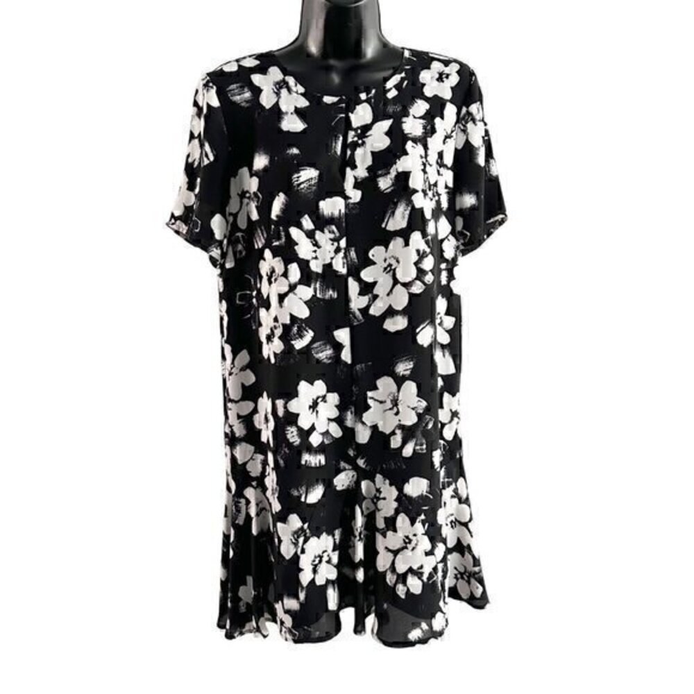 1. State Floral Ruffle Hem Short Sleeve Mini Dress Black White Size Small